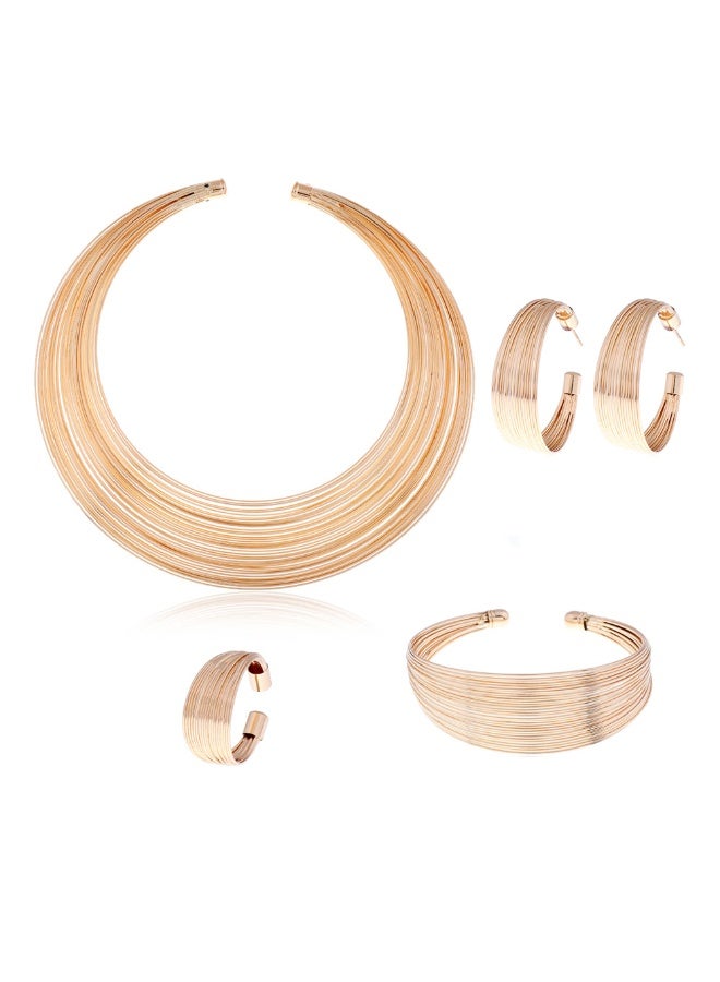 4pcs Golden Womens European And American Style Stylish Jewelry Sets Bar Club Cool Lady Necklace Earring Bangle Sets Gift For Wife - Image 1